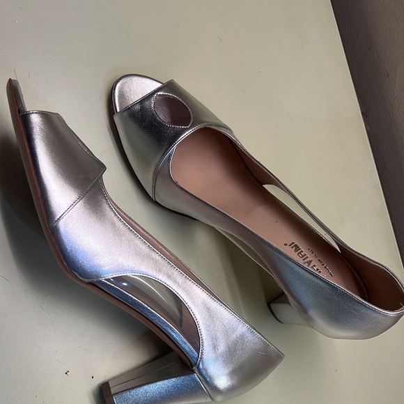 EMMA VIANI MADE IN ITALY LEATHER Silver High Heel Peep-Toe Pumps made in Italy - Picture 4 of 6